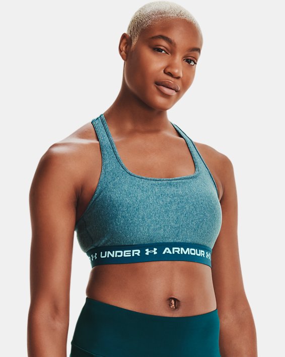 Damen Armour® Mid Crossback Heather Sport-BH, Blue, pdpMainDesktop image number 2